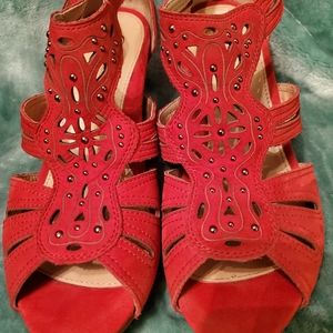 Red beaded leather wedges. Size 71/2 . Never worn